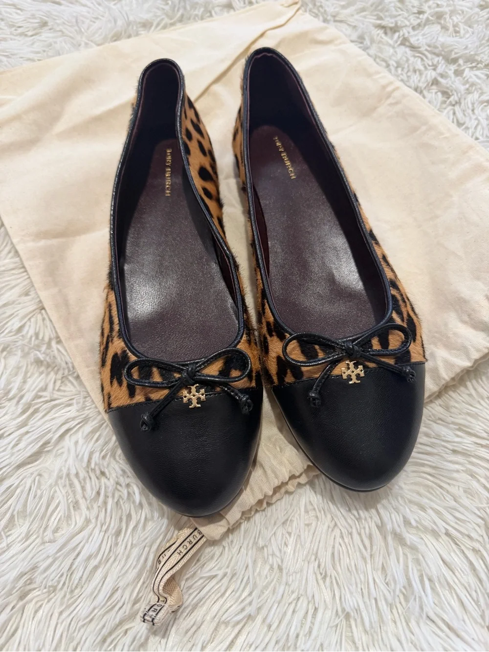 Tory Burch Cap-Toe Ballet Black and Brown Leopard Printed Hair Calf - Size 9 - N